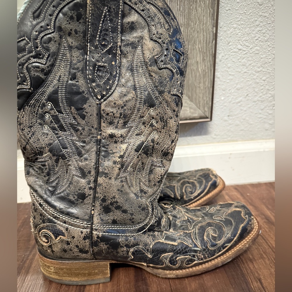 WOMEN'S BLACK EMBROIDERY SNAKE INLAY SQUARE TOE COWBOY BOOT 8.5M great con